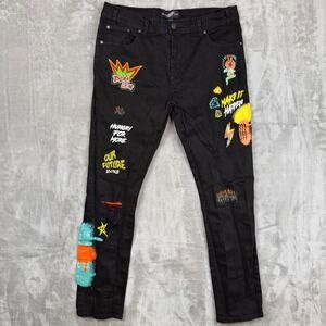 Black Leaf Mens Graphic Patchwork Distressed Slim Jeans Black 38x32 Streetwear